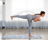 REFORMERMAT Female Practising Pilates Yoga Reformer Non-Slip Micro-Fibre Mat - Blue Feathers Design