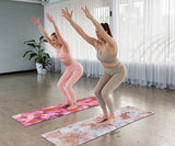 REFORMERMAT Females Practicing Micro-fibre Durable Reformer Pilates Yoga Mat - Secret Motion Blue Brown Feathers Design