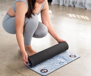 REFORMERMAT Female Practising Pilates Yoga Reformer Non-Slip Micro-Fibre Mat - Blue Feathers Design
